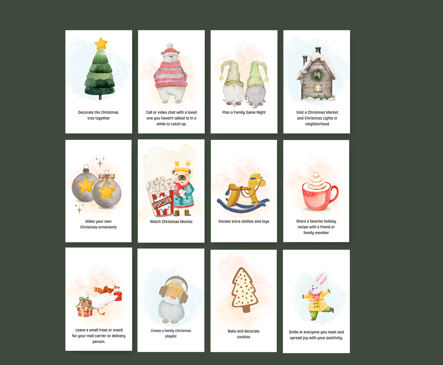 Set of Christmas-themed cards with illustrations and text 