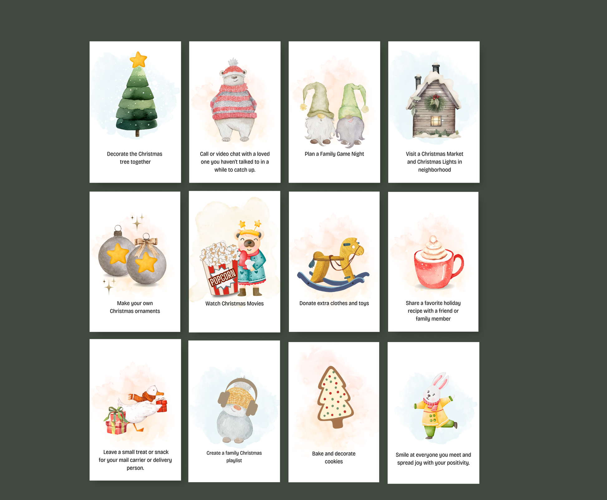 Set of Christmas-themed cards with illustrations and text 