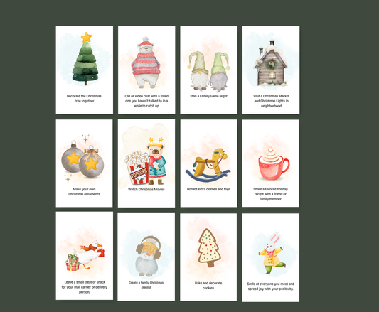 Set of Christmas-themed cards with illustrations and text 
