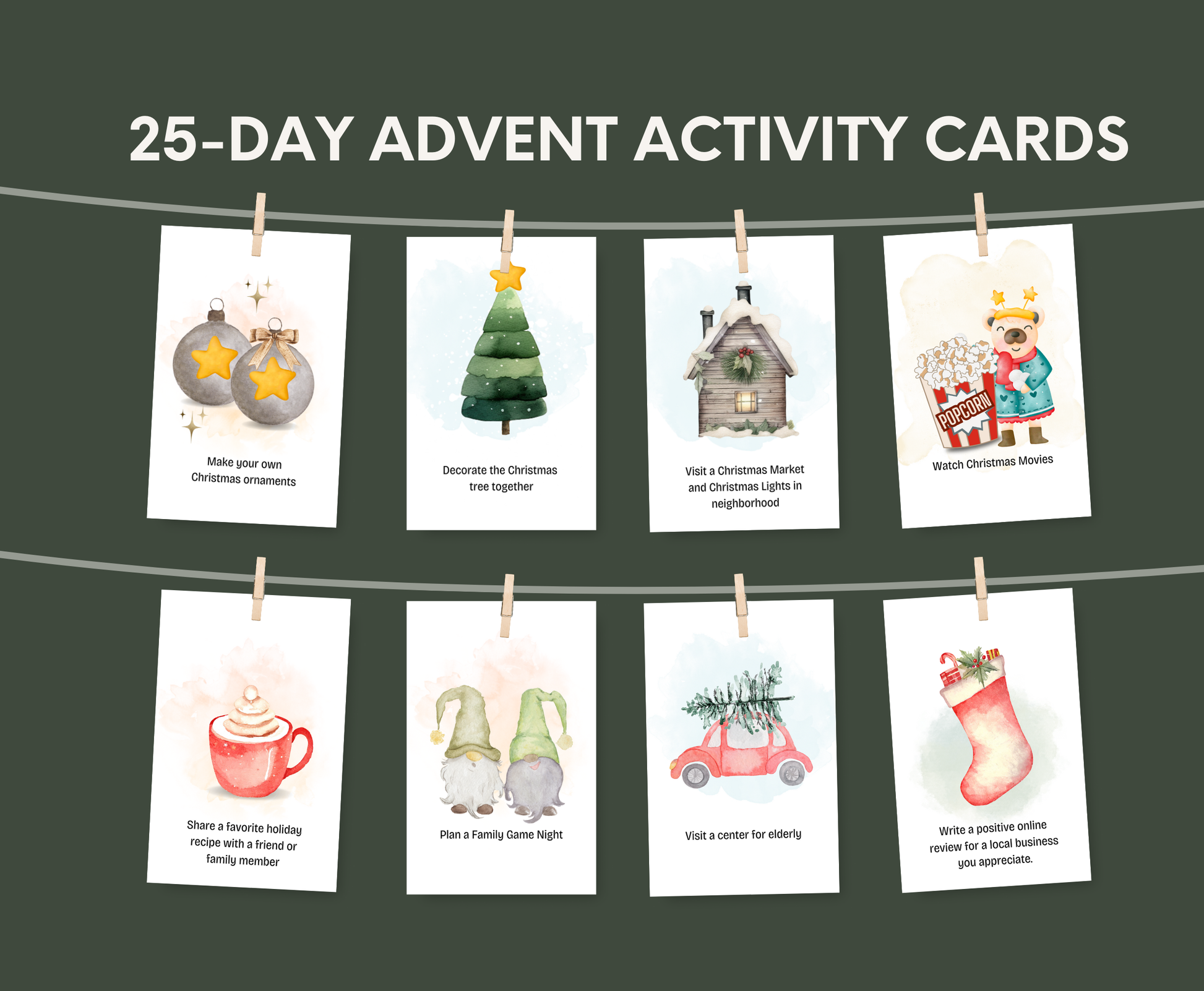 Set of 25-Day Advent Activity Cards with illustrations on white stock card