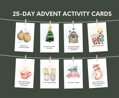 Set of 25-Day Advent Activity Cards with illustrations on white stock card