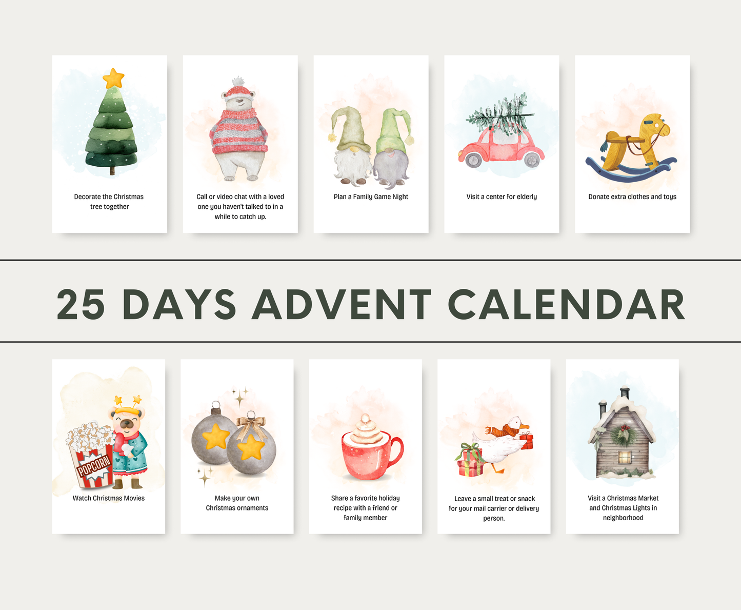 25 Days Advent Calendar with illustrated cards on a white background