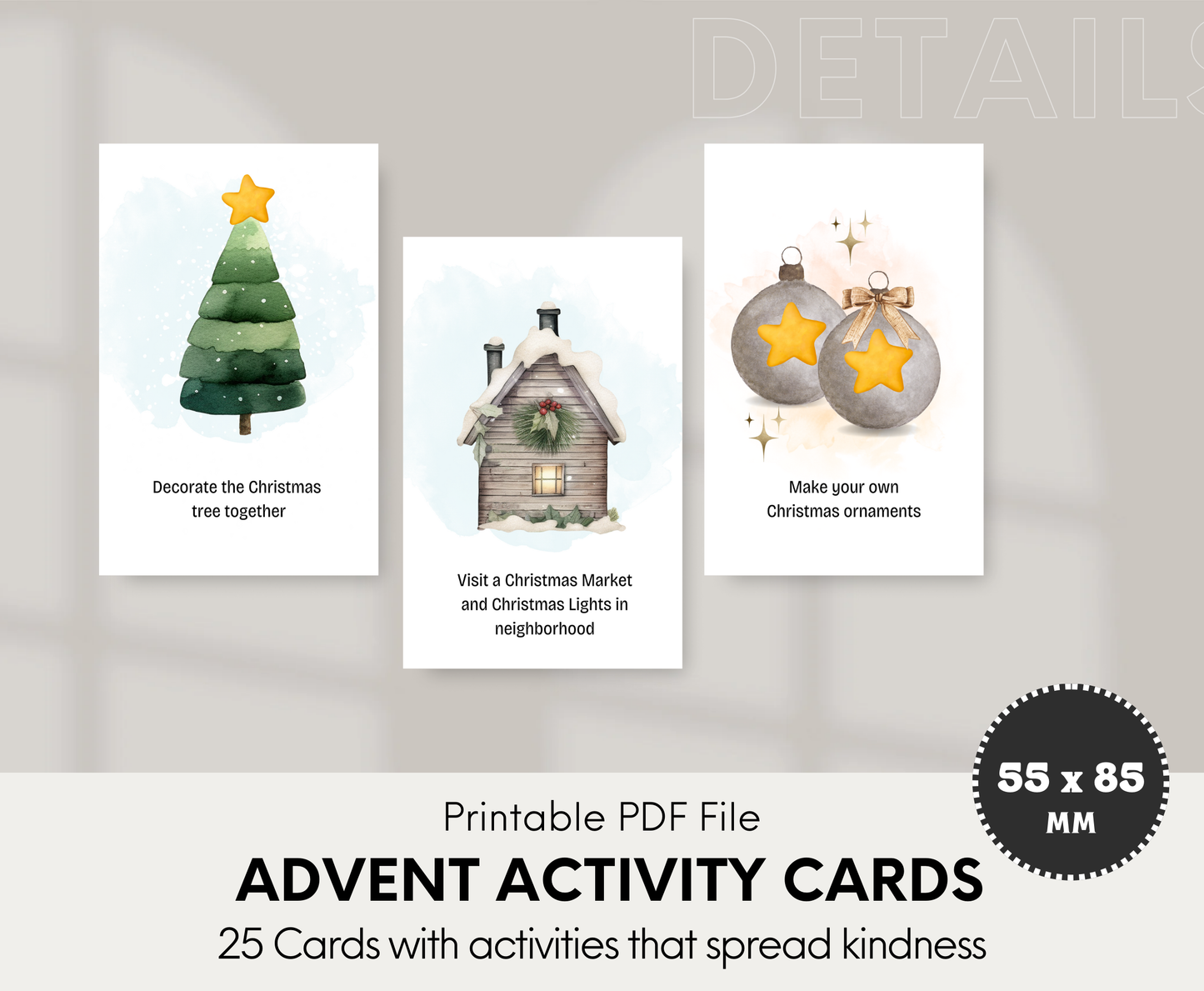 Printable PDF Advent Activity Cards with Christmas-themed activities on a watercolor background.