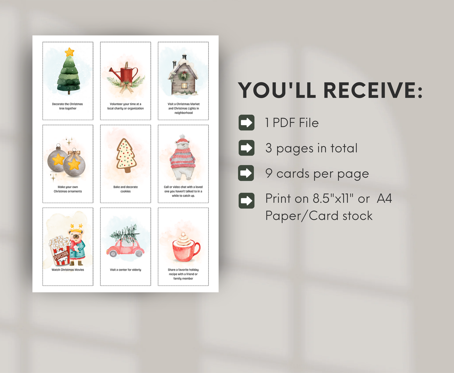 Sheet of Christmas-themed cards with text indicating Christmas activities ideas for family and friends